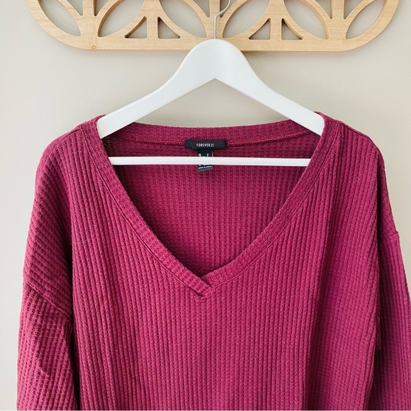 Forever 21 Waffle Knit Long Sleeve Top Maroon Sz Small - Picture 2 of 8